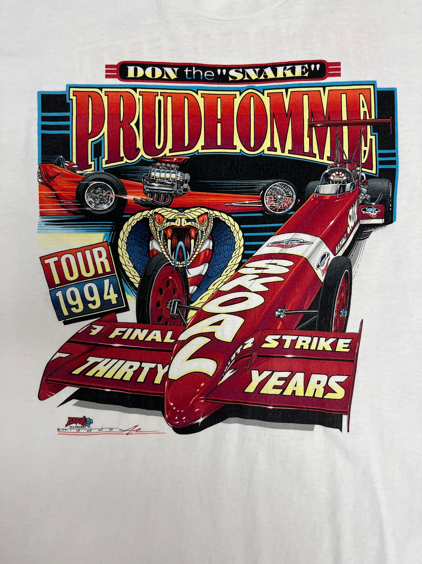 Don "The Snake" Prudhomme Graphic Tee | Size X-Large | Vintage 1990s Drag Racing White T-Shirt |