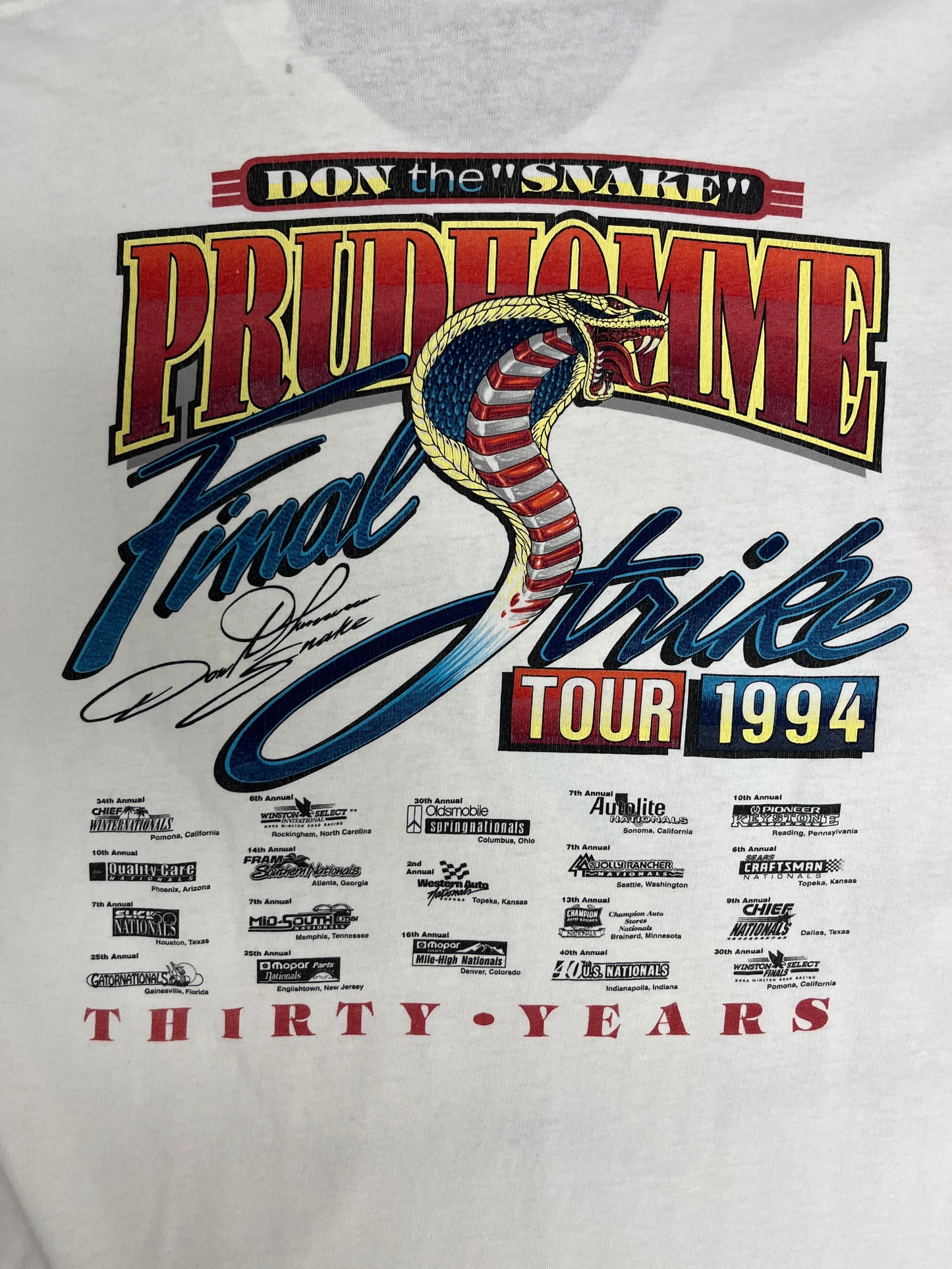 Don "The Snake" Prudhomme Graphic Tee | Size X-Large | Vintage 1990s Drag Racing White T-Shirt |