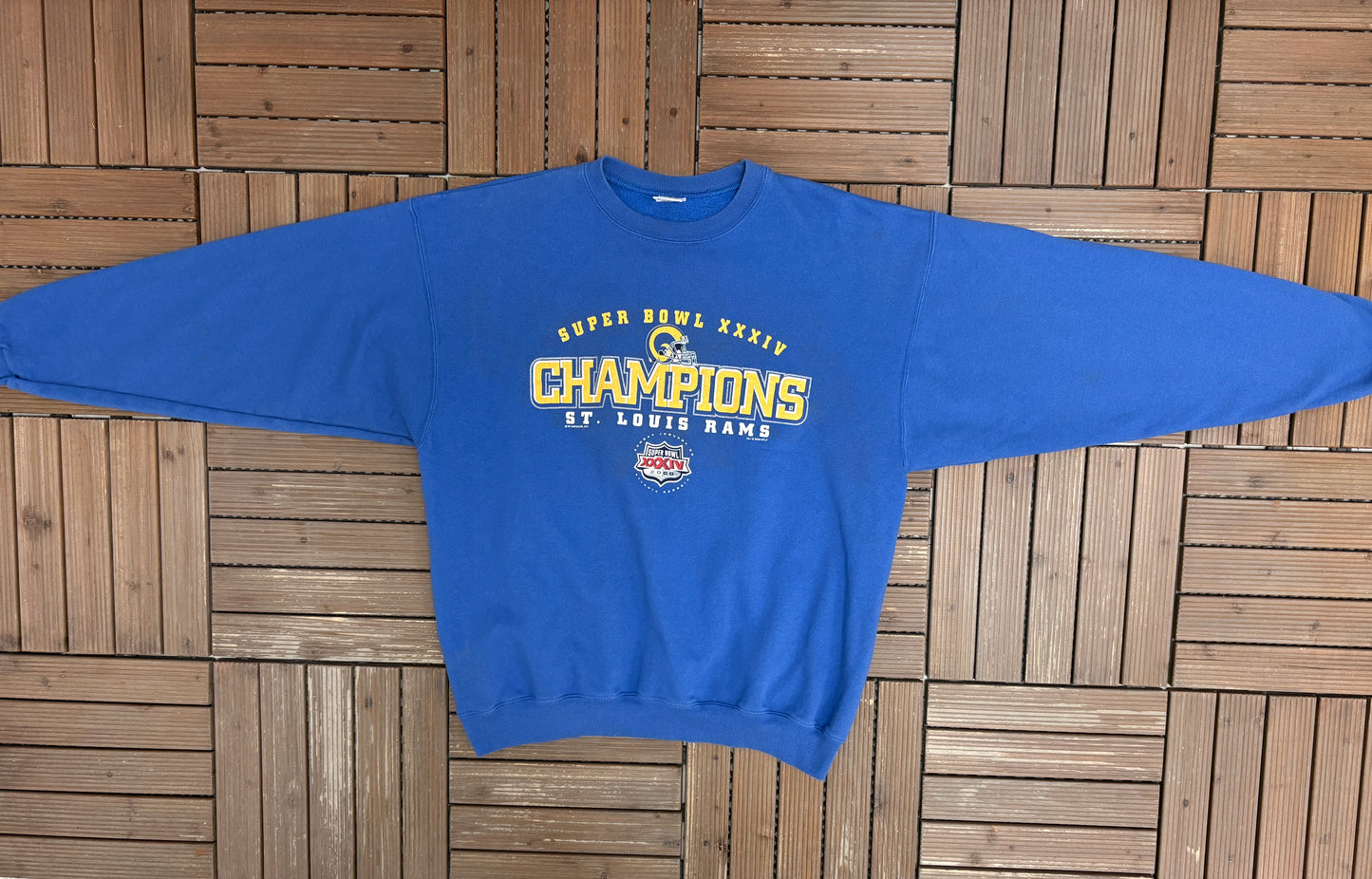 St. Louis Rams Super Bowl XXXIV Champions Graphic Crewneck | Size X-Large | Vintage 2000s NFL Football Blue Sweater |