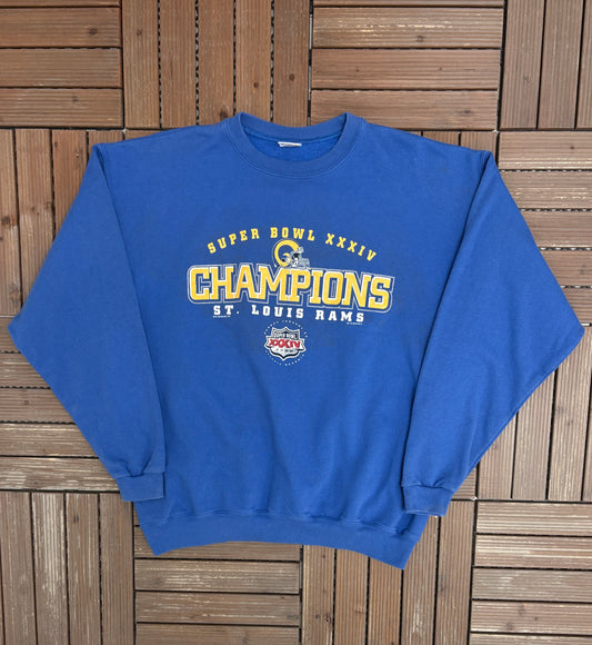 St. Louis Rams Super Bowl XXXIV Champions Graphic Crewneck | Size X-Large | Vintage 2000s NFL Football Blue Sweater |