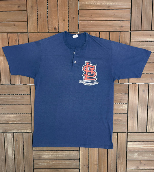 St. Louis Cardinals 100th Anniversary Graphic Tee | Size Large | Vintage 1990s MLB Baseball Blue T-Shirt |