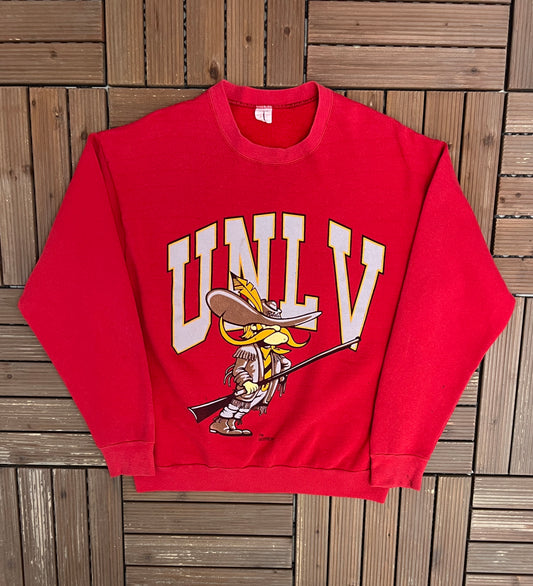 UNLV Runnin' Rebels Graphic Crewneck | Size Large | Vintage 1990s College Sports Red Sweater |