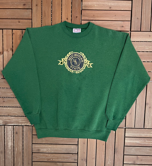 Michigan State Spartans Stitched Graphic Crewneck | Size X-Large | Vintage 1990s College Sports Green Sweater |