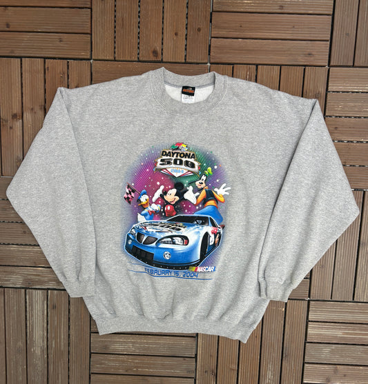 Daytona 500 2004 Disney Graphic Crewneck | Size X-Large | Vintage 2000s NASCAR Racing Grey Sweater |