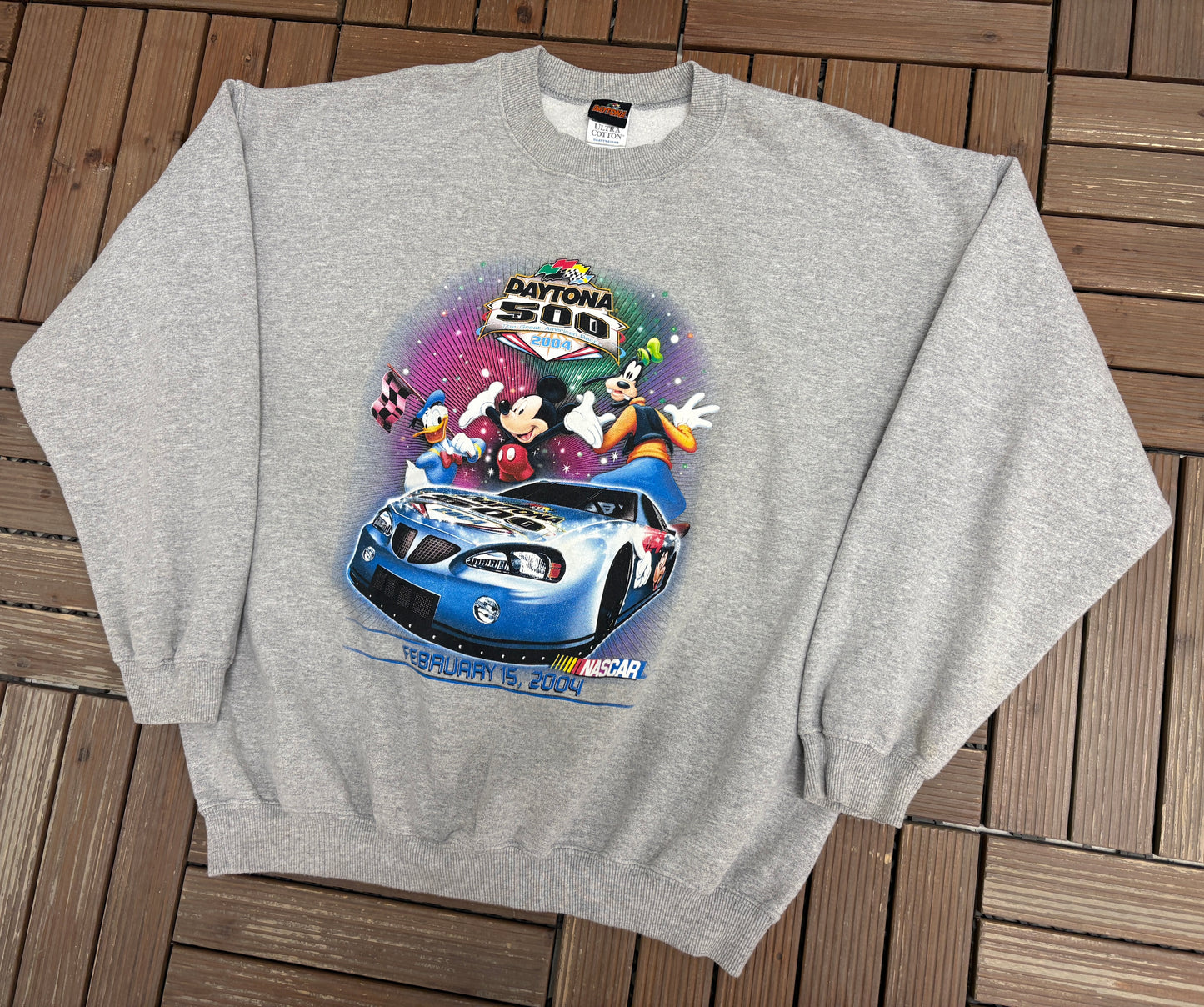 Daytona 500 2004 Disney Graphic Crewneck | Size X-Large | Vintage 2000s NASCAR Racing Grey Sweater |