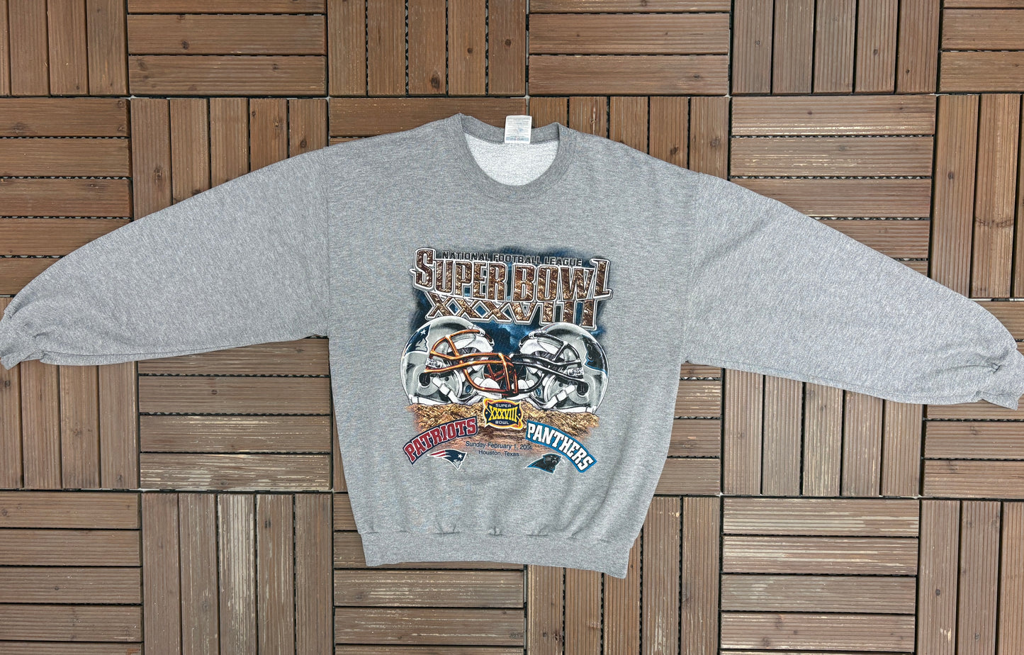 New England Patriots vs Carolina Panthers Super Bowl Graphic Crewneck | Size Large | Vintage 2000s NFL Football Grey Sweater |