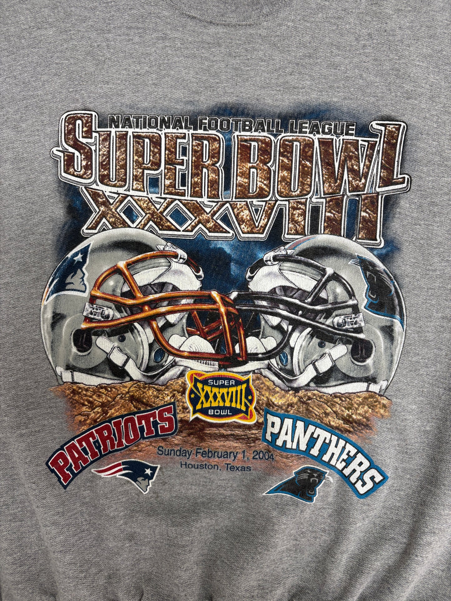 New England Patriots vs Carolina Panthers Super Bowl Graphic Crewneck | Size Large | Vintage 2000s NFL Football Grey Sweater |