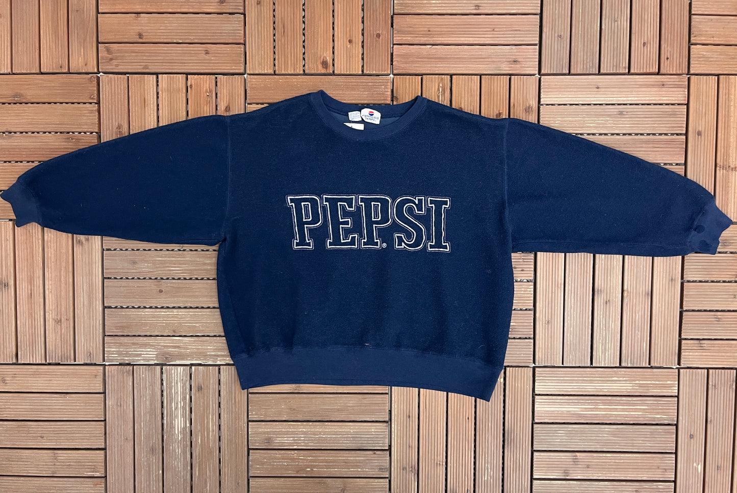 Pepsi Embroidered Fleece Graphic Crewneck | Size Large | Vintage 1990s Promotional Drink Blue Sweater |