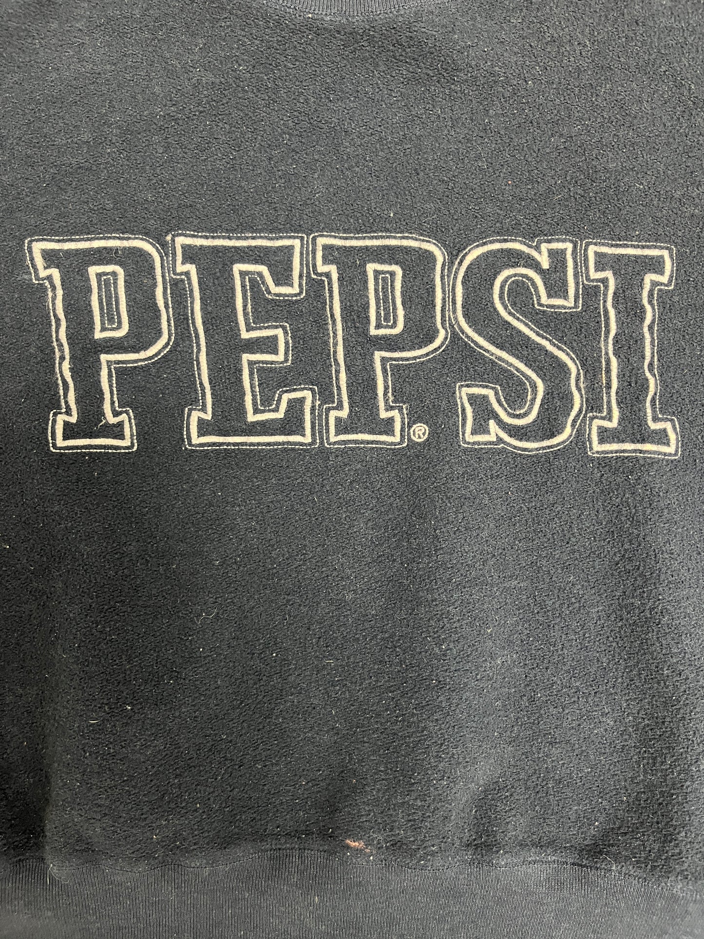 Pepsi Embroidered Fleece Graphic Crewneck | Size Large | Vintage 1990s Promotional Drink Blue Sweater |