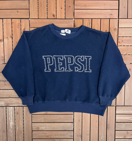 Pepsi Embroidered Fleece Graphic Crewneck | Size Large | Vintage 1990s Promotional Drink Blue Sweater |