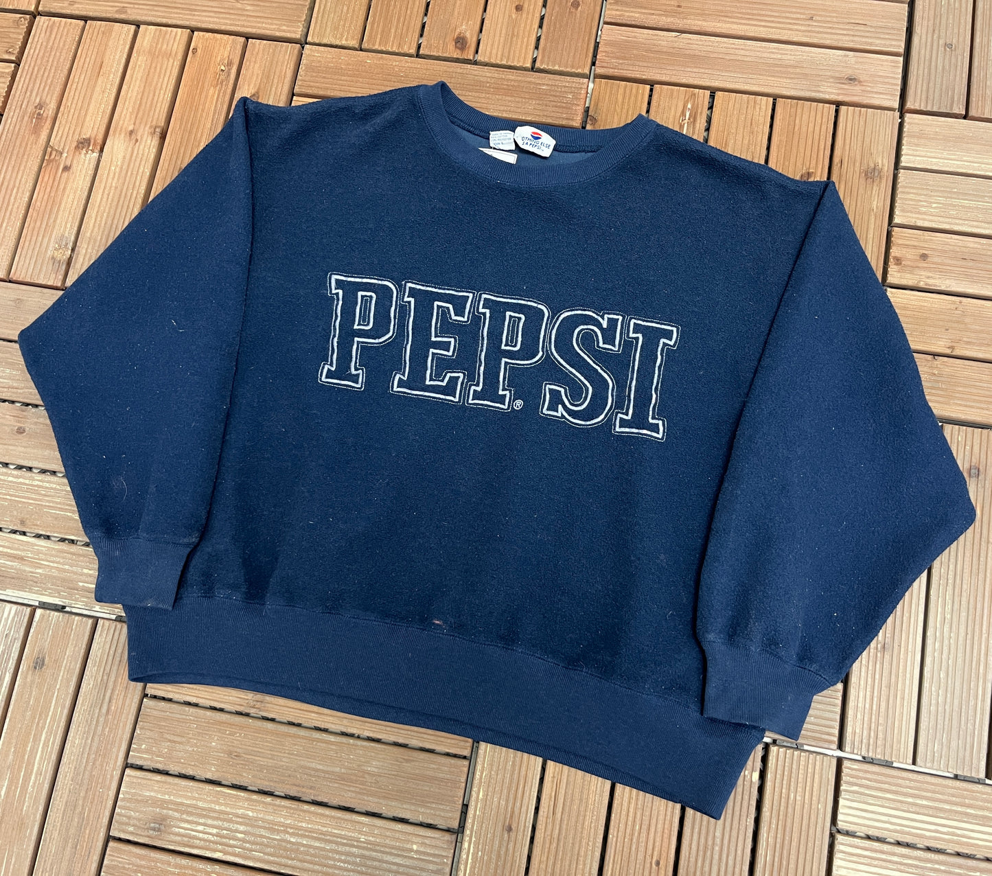 Pepsi Embroidered Fleece Graphic Crewneck | Size Large | Vintage 1990s Promotional Drink Blue Sweater |