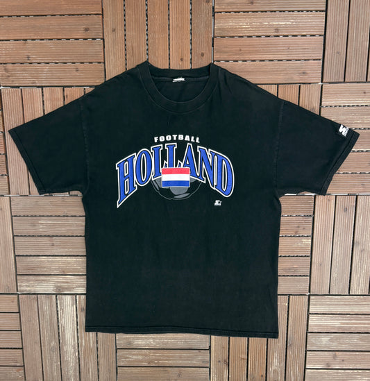 Netherlands National Football Team Graphic Tee | Size X-Large | Vintage 1990s Starter Soccer Black T-Shirt |
