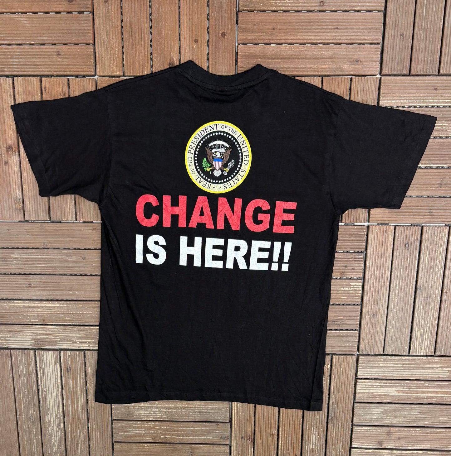 Barack Obama Change Is Here Graphic Tee | Size Large | Vintage 2000s Democratic Promotional Black T-Shirt |