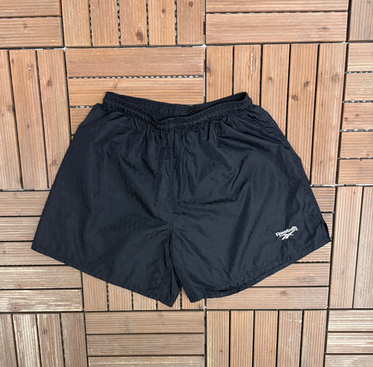 Reebok Embroidered Graphic Shorts | Size Medium | Vintage 1990s Branded Black Shorts |