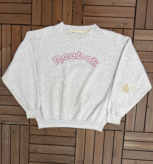 Reebok Spell Out Embroidered Graphic Crewneck | Size Large | Vintage 2000s Branded Grey Sweater |