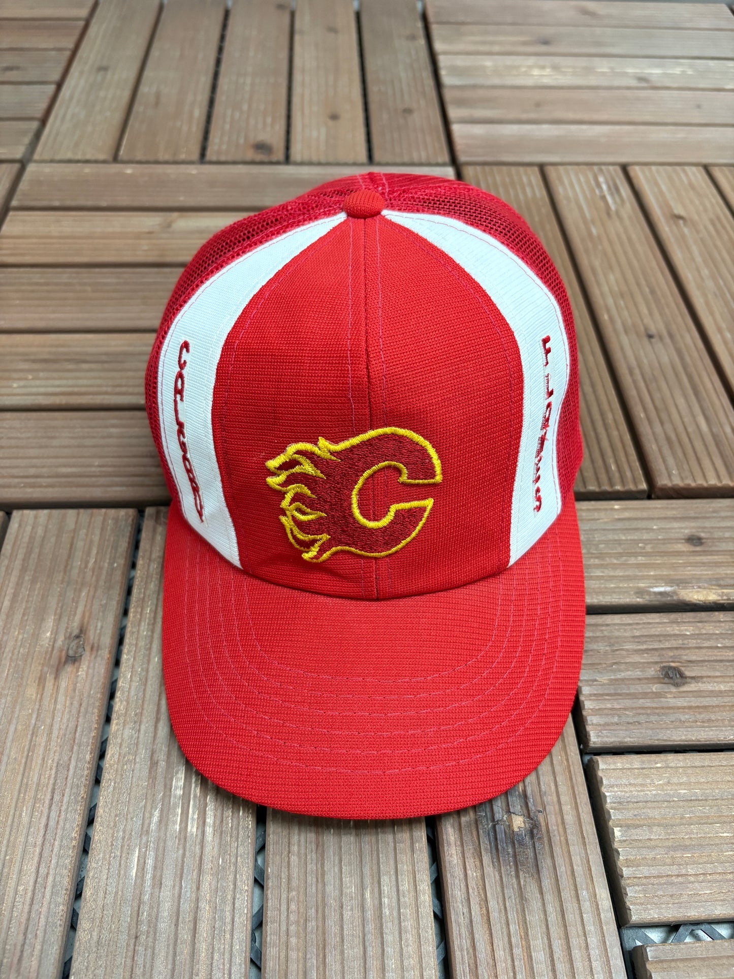 Calgary Flames Stitched Graphic Hat | Snap Back | Vintage 1990s NHL Hockey Red Cap |