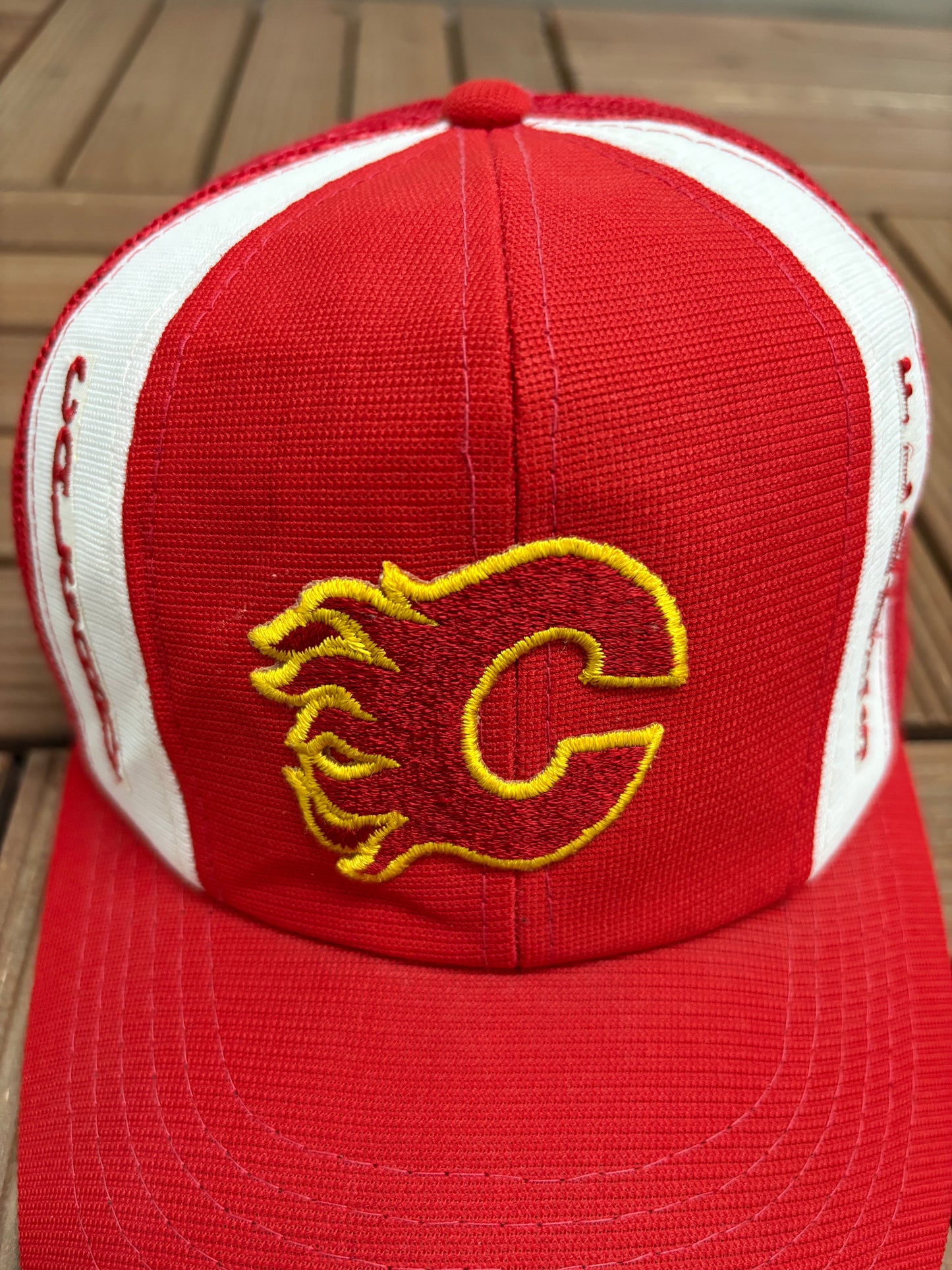 Calgary Flames Stitched Graphic Hat | Snap Back | Vintage 1990s NHL Hockey Red Cap |