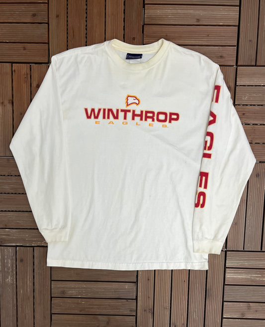 Winthrop Eagles Graphic Tee | Size Large | Vintage 1990s College White Long Sleeve T-Shirt |