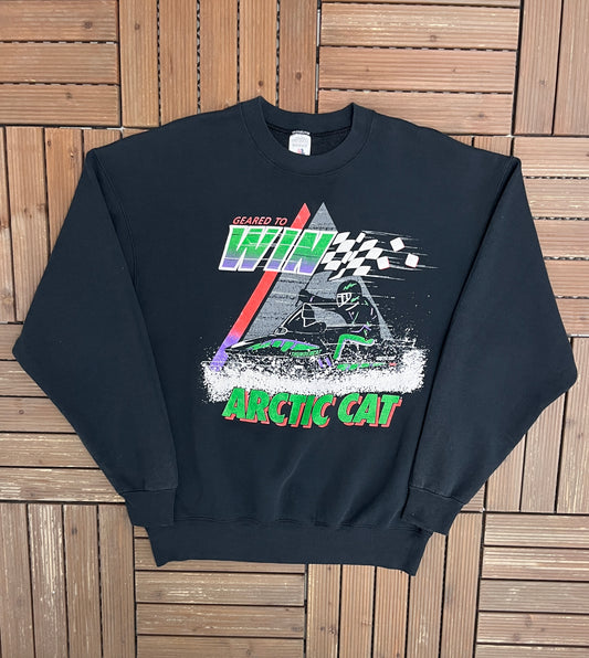 Arctic Cat Geared To Win Graphic Crewneck | Size XX-Large | Vintage 1990s Promotional Black Sweater |