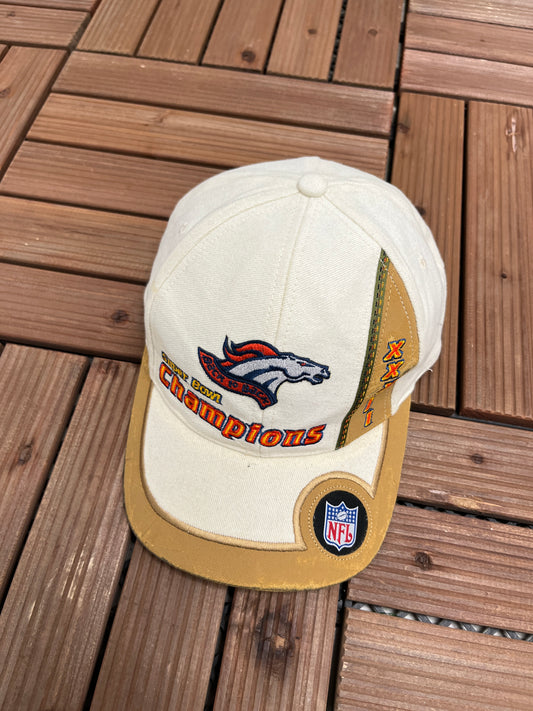 Denver Broncos Back To Back Super Bowl Champions Graphic Hat | Strap Back | Vintage 1990s NFL Football White Cap |