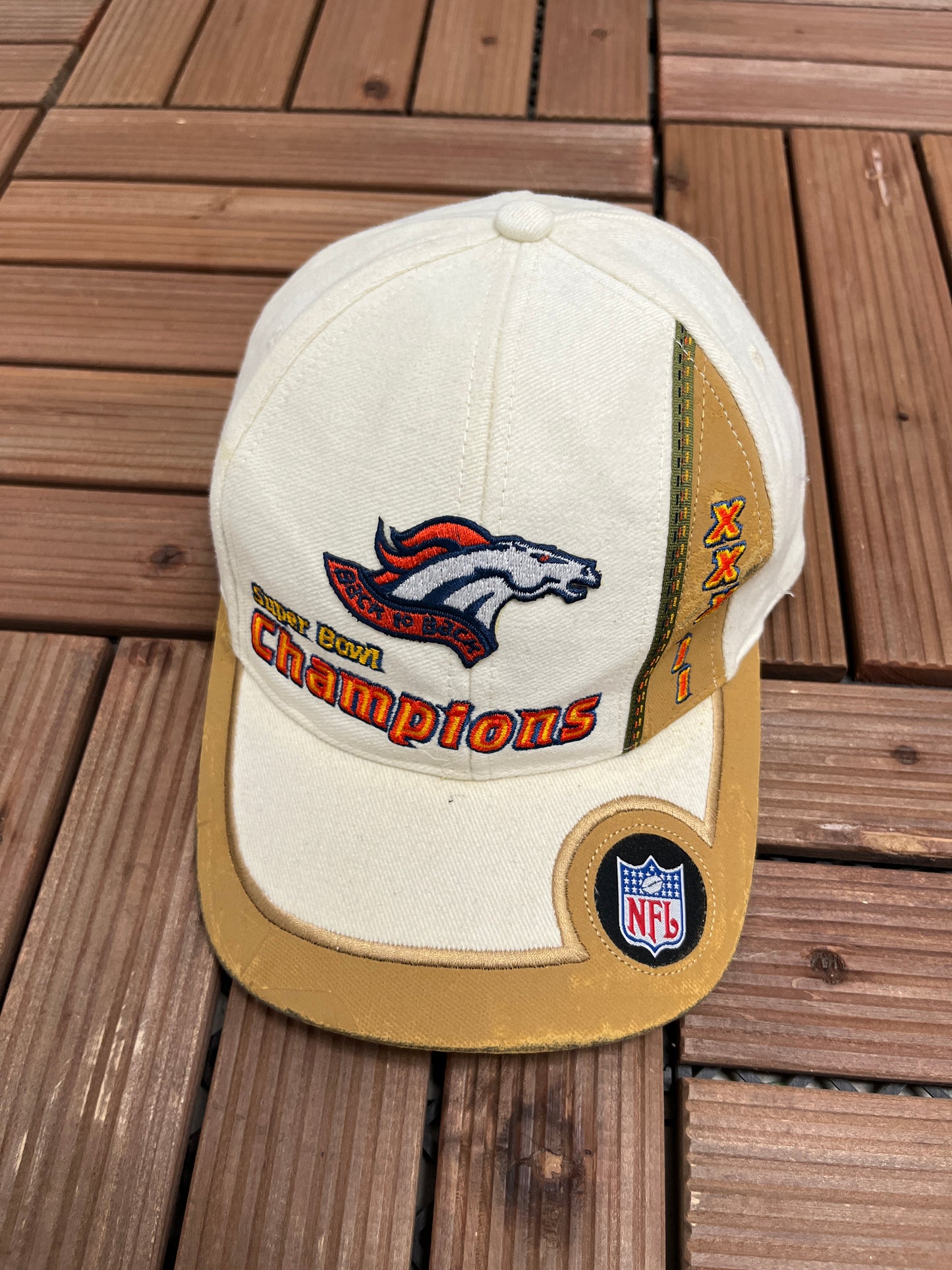 Denver Broncos Back To Back Super Bowl Champions Graphic Hat | Strap Back | Vintage 1990s NFL Football White Cap |