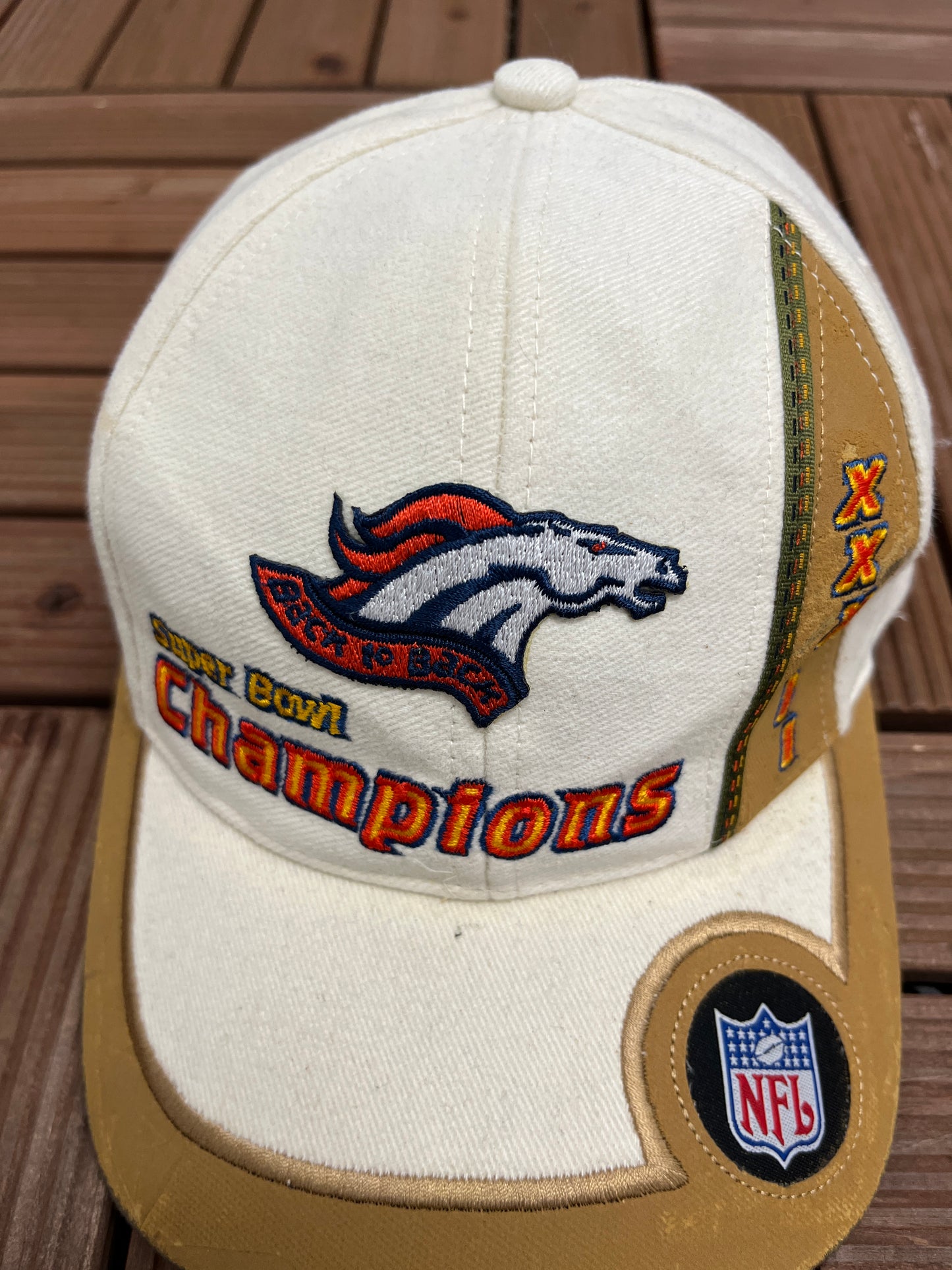 Denver Broncos Back To Back Super Bowl Champions Graphic Hat | Strap Back | Vintage 1990s NFL Football White Cap |