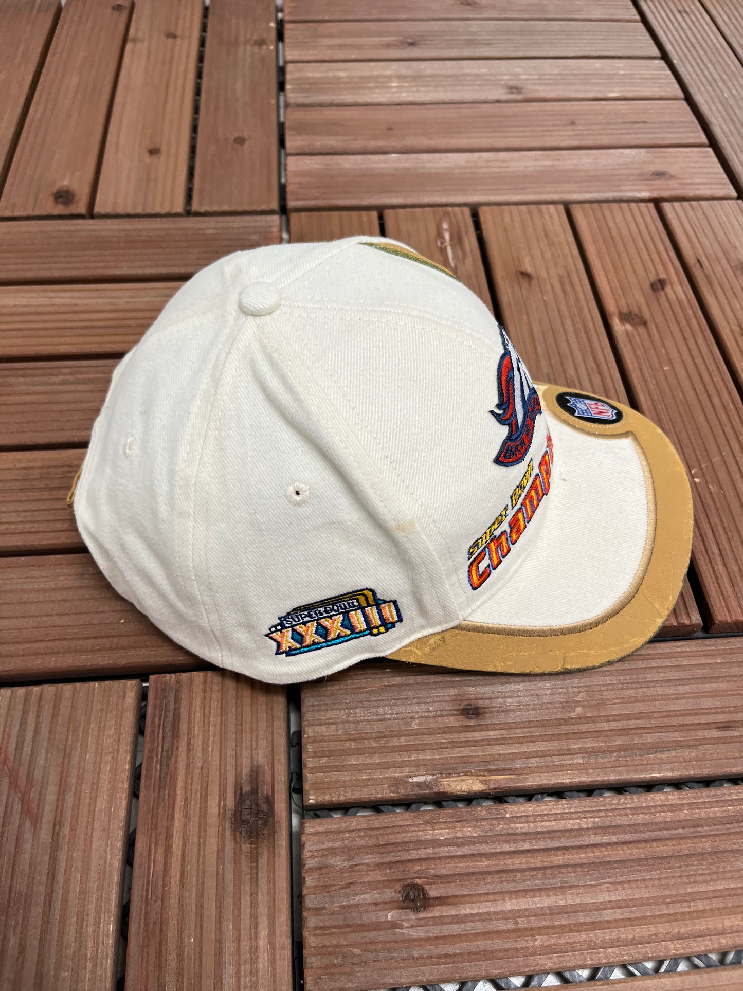 Denver Broncos Back To Back Super Bowl Champions Graphic Hat | Strap Back | Vintage 1990s NFL Football White Cap |