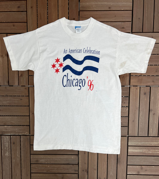 Chicago '96 Democratic National Convention Graphic Tee | Size Large | Vintage 1990s Political Promotional White T-Shirt |