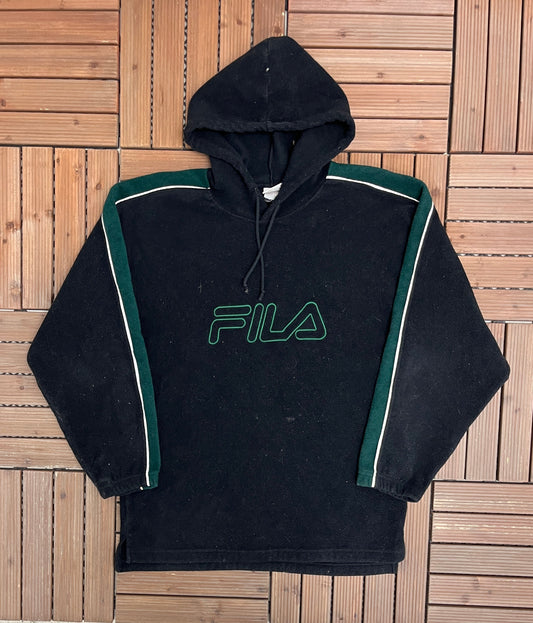 FILA Stitched Graphic Fleece Sweater | Size Large | Vintage 2000s Branded Black Sweater |