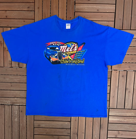 Mel's Diner Cruise In & Dine! Graphic Tee | Size XX-Large | Vintage 2000s Promotional Blue T-Shirt |