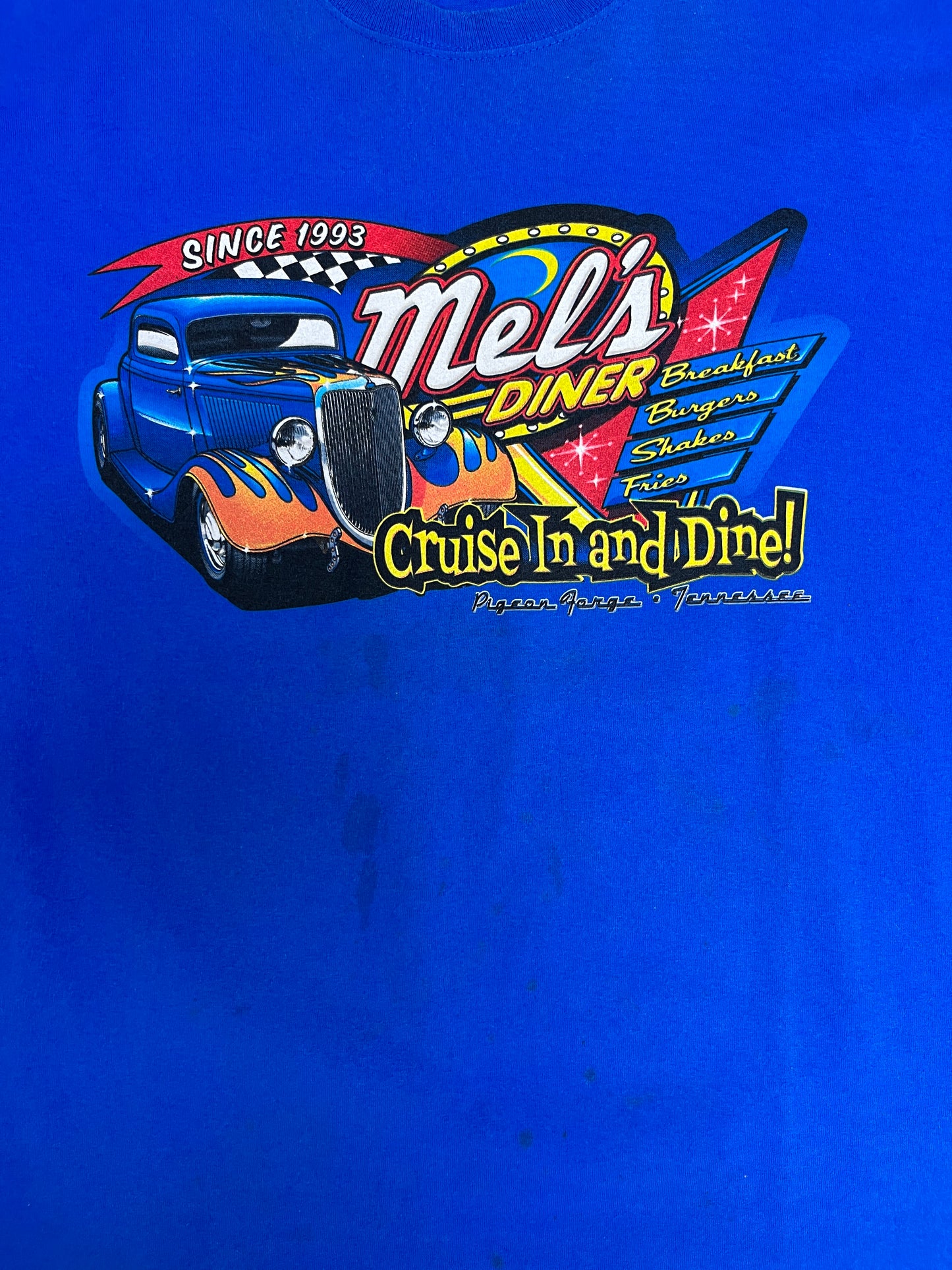 Mel's Diner Cruise In & Dine! Graphic Tee | Size XX-Large | Vintage 2000s Promotional Blue T-Shirt |