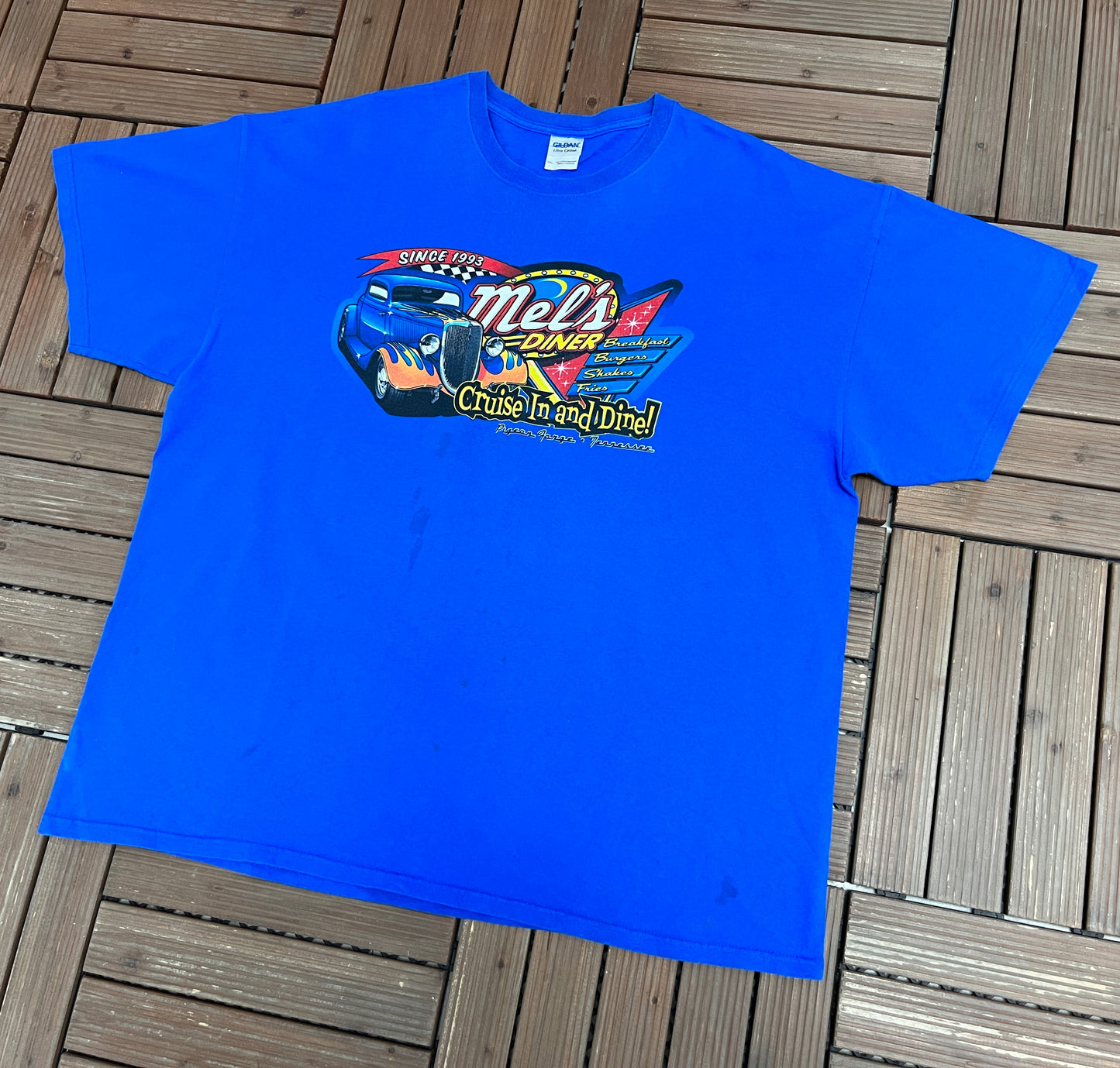 Mel's Diner Cruise In & Dine! Graphic Tee | Size XX-Large | Vintage 2000s Promotional Blue T-Shirt |