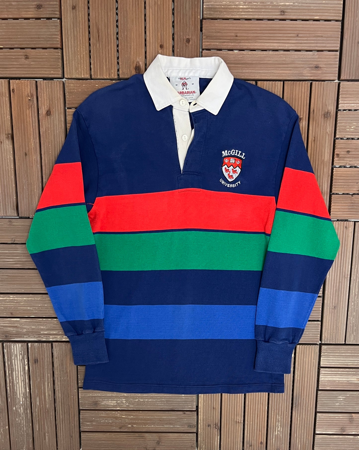 McGill University Stitched Rugby Graphic Tee | Size Medium | Vintage 1990s College Striped T-Shirt |