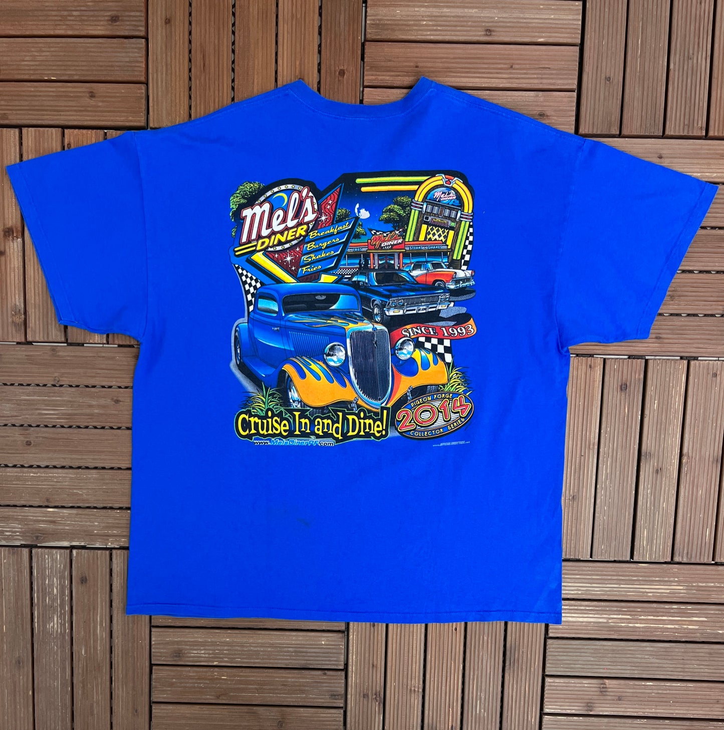 Mel's Diner Cruise In & Dine! Graphic Tee | Size XX-Large | Vintage 2000s Promotional Blue T-Shirt |