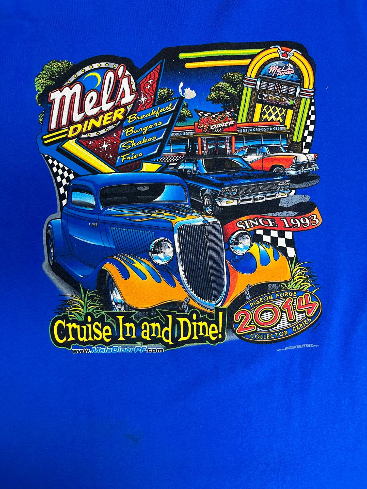 Mel's Diner Cruise In & Dine! Graphic Tee | Size XX-Large | Vintage 2000s Promotional Blue T-Shirt |