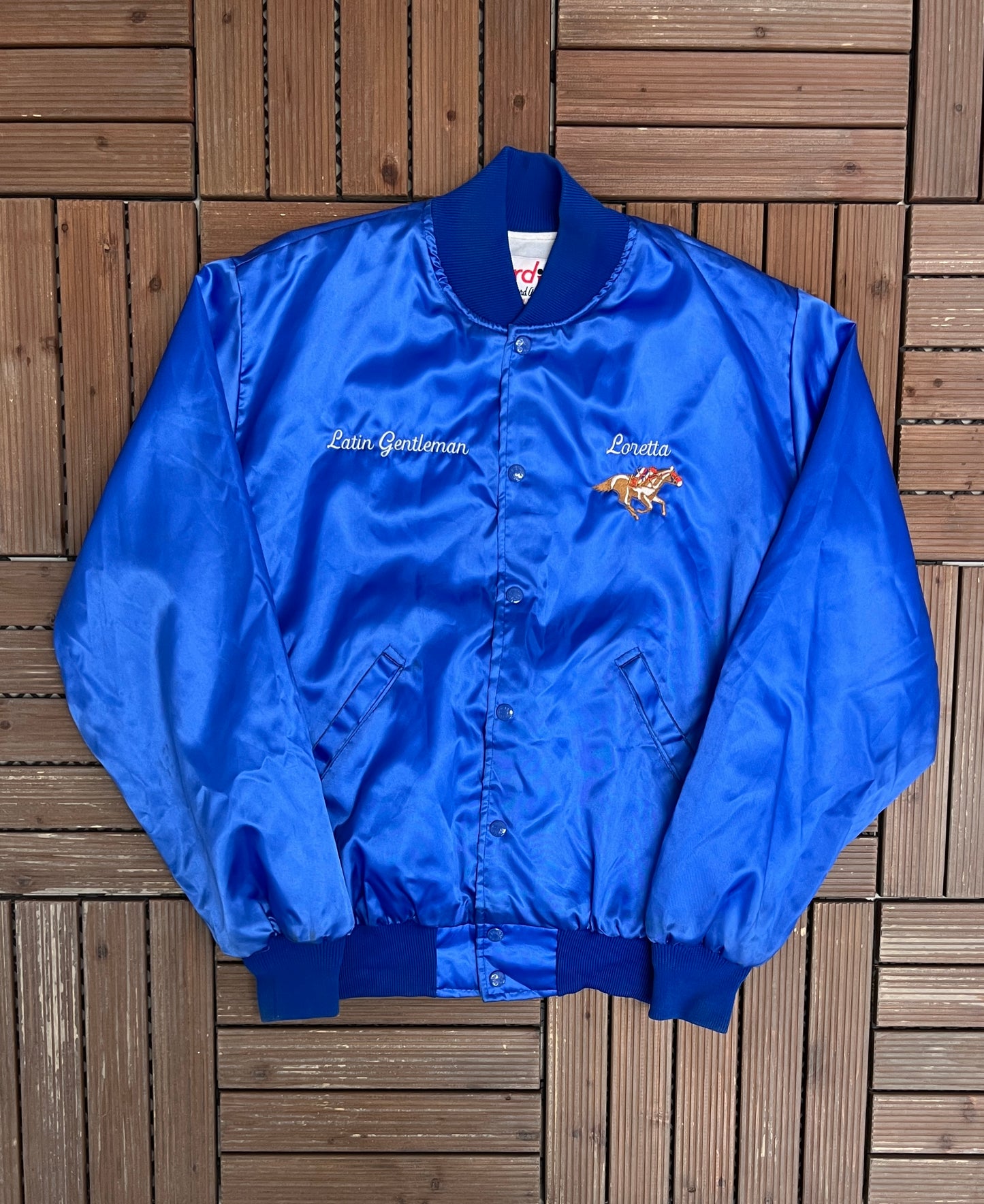 Friday Nite Stable Graphic Varsity Jacket | Size Medium | Vintage 1990s Blue Varsity Bomber Coat |