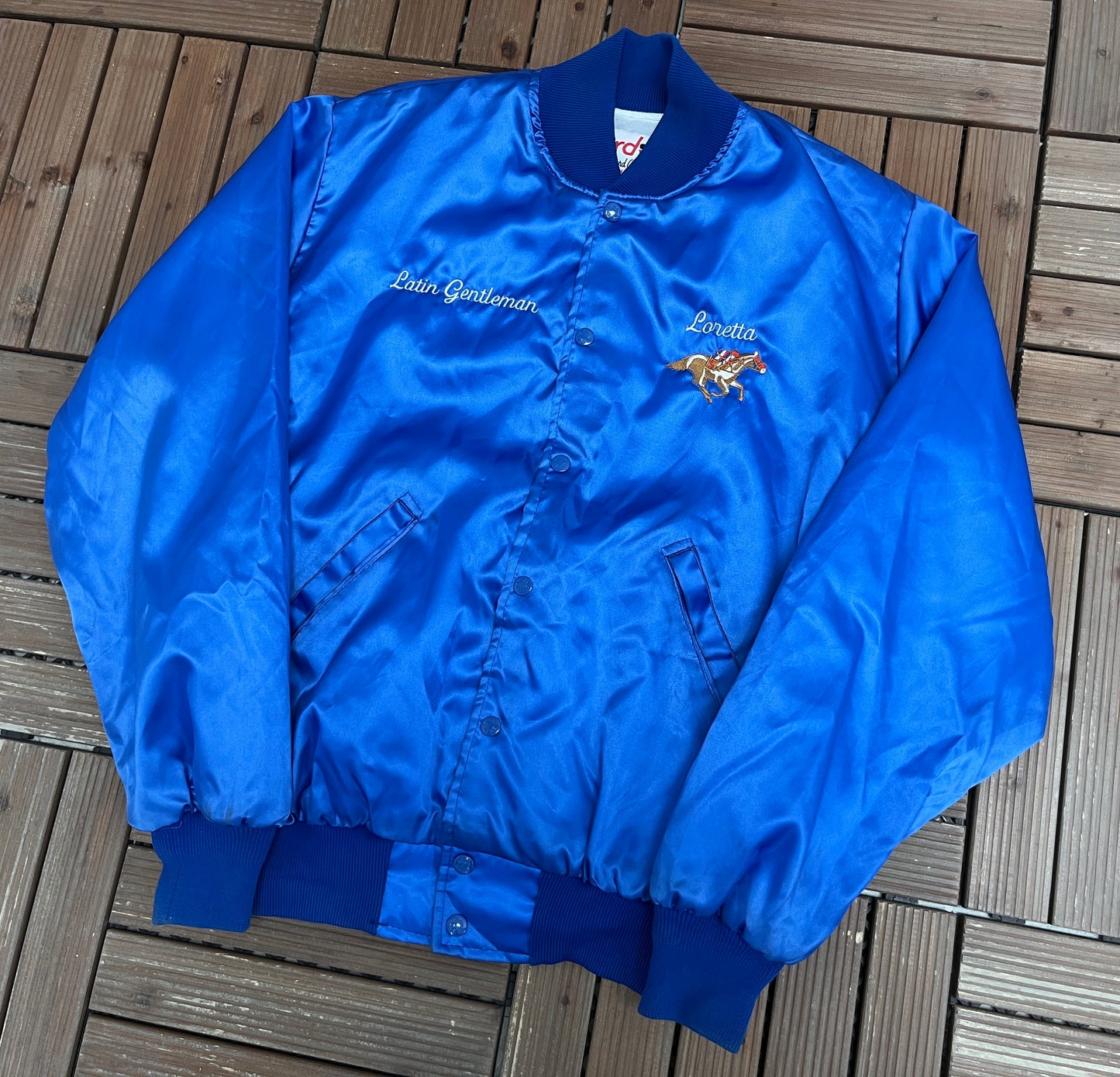 Friday Nite Stable Graphic Varsity Jacket | Size Medium | Vintage 1990s Blue Varsity Bomber Coat |