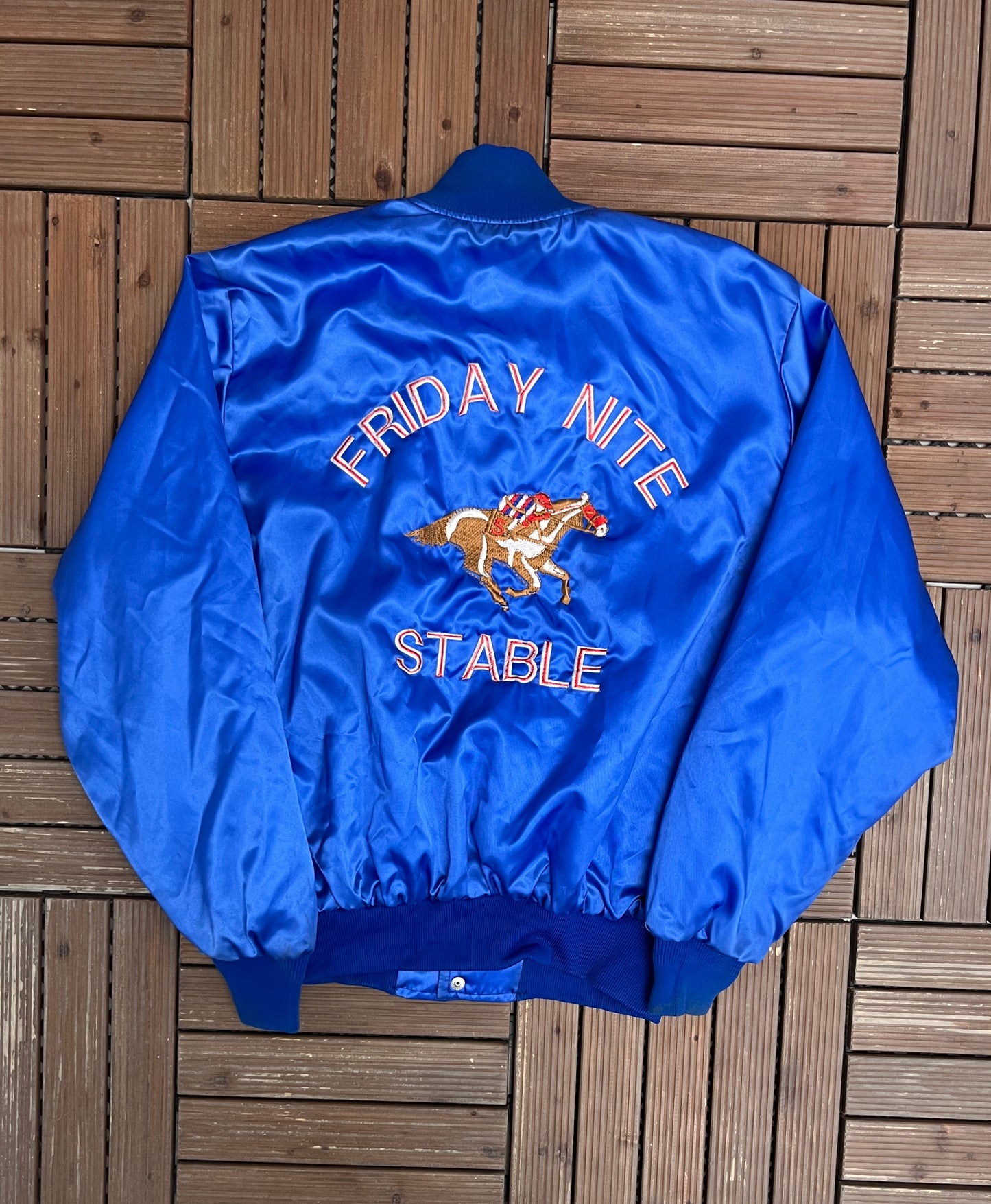 Friday Nite Stable Graphic Varsity Jacket | Size Medium | Vintage 1990s Blue Varsity Bomber Coat |