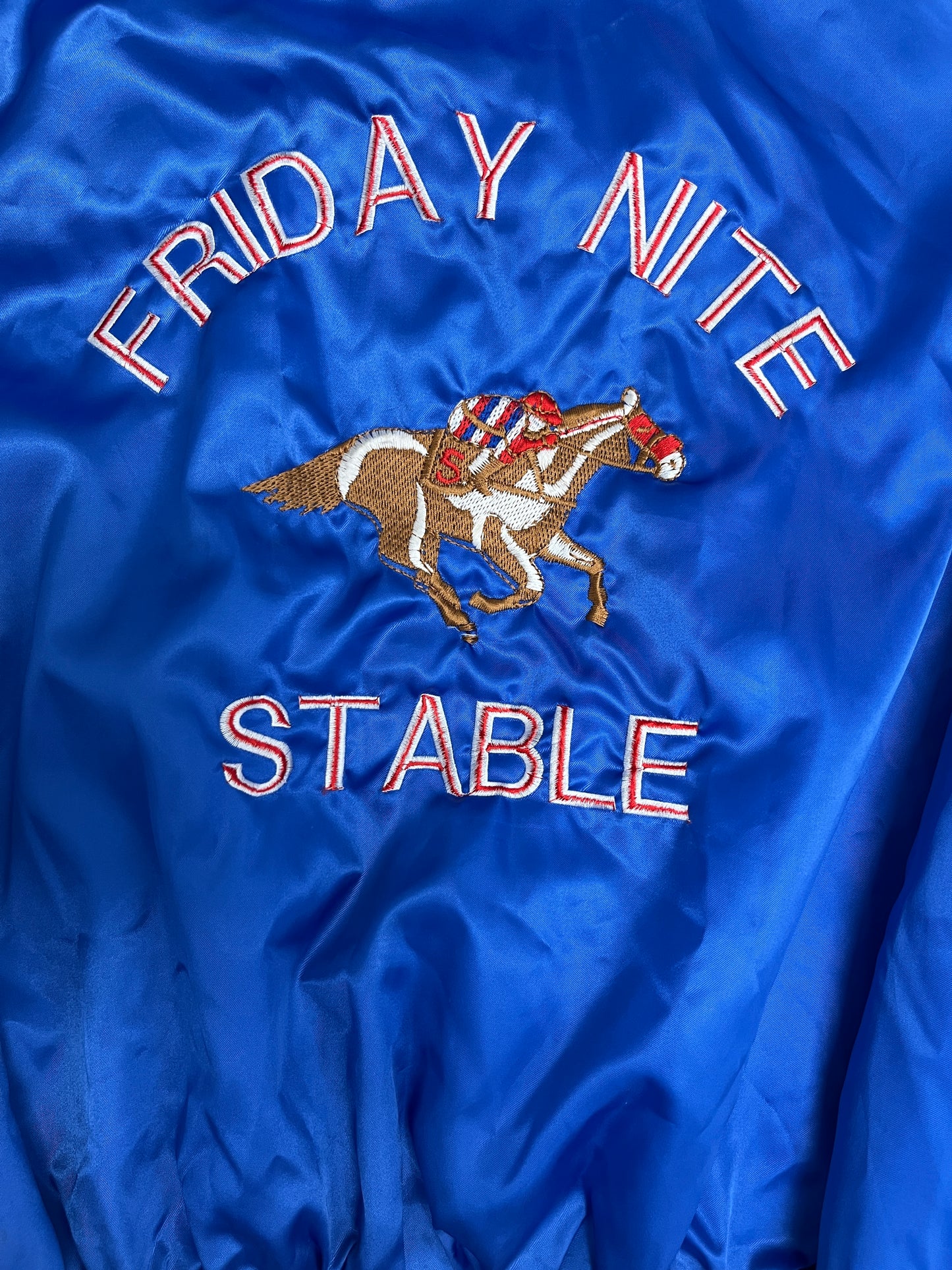 Friday Nite Stable Graphic Varsity Jacket | Size Medium | Vintage 1990s Blue Varsity Bomber Coat |