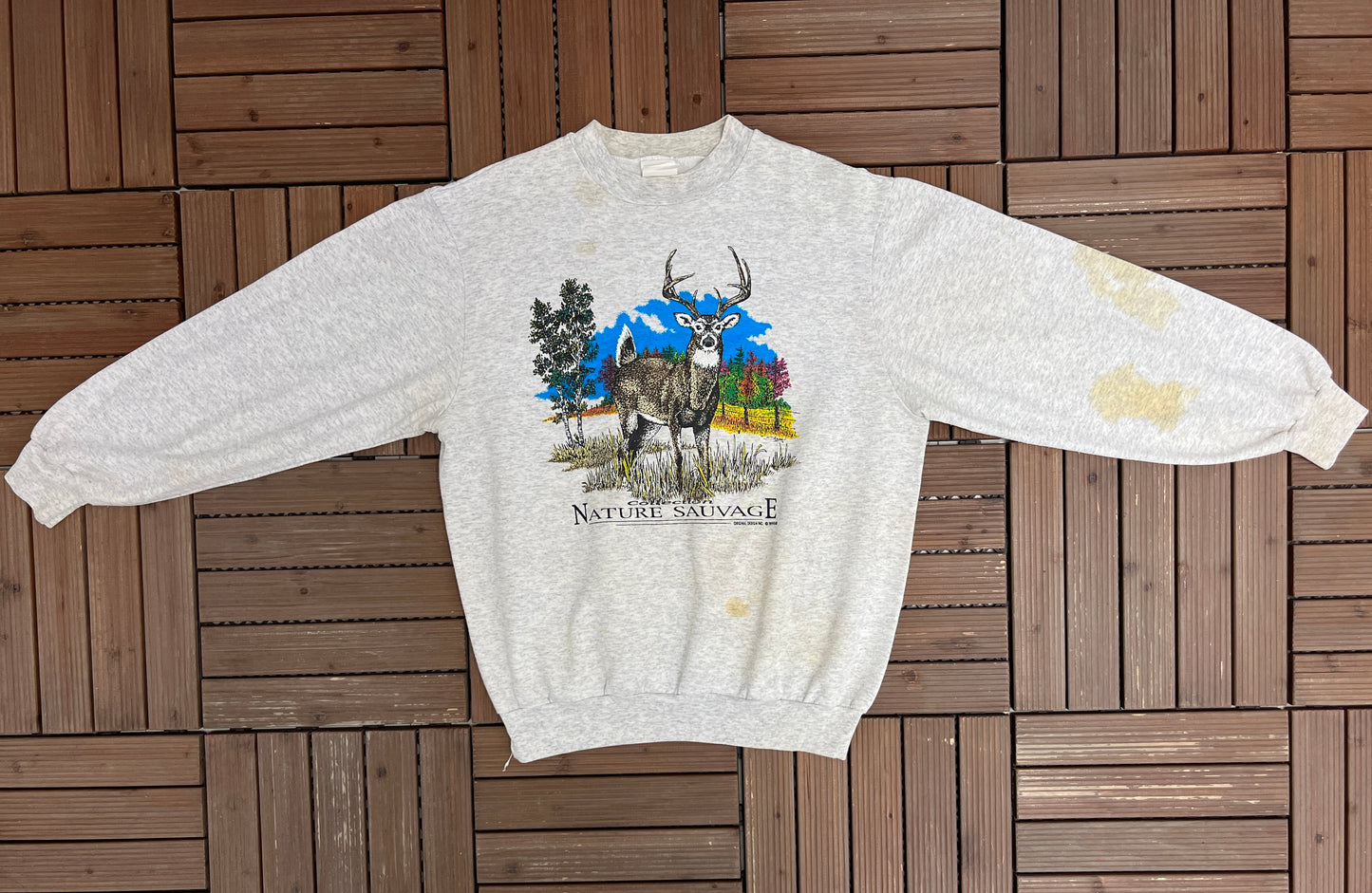 Deer Nature Sauvage Graphic Crewneck | Size Large | Vintage 1990s Animal Grey Sweater |