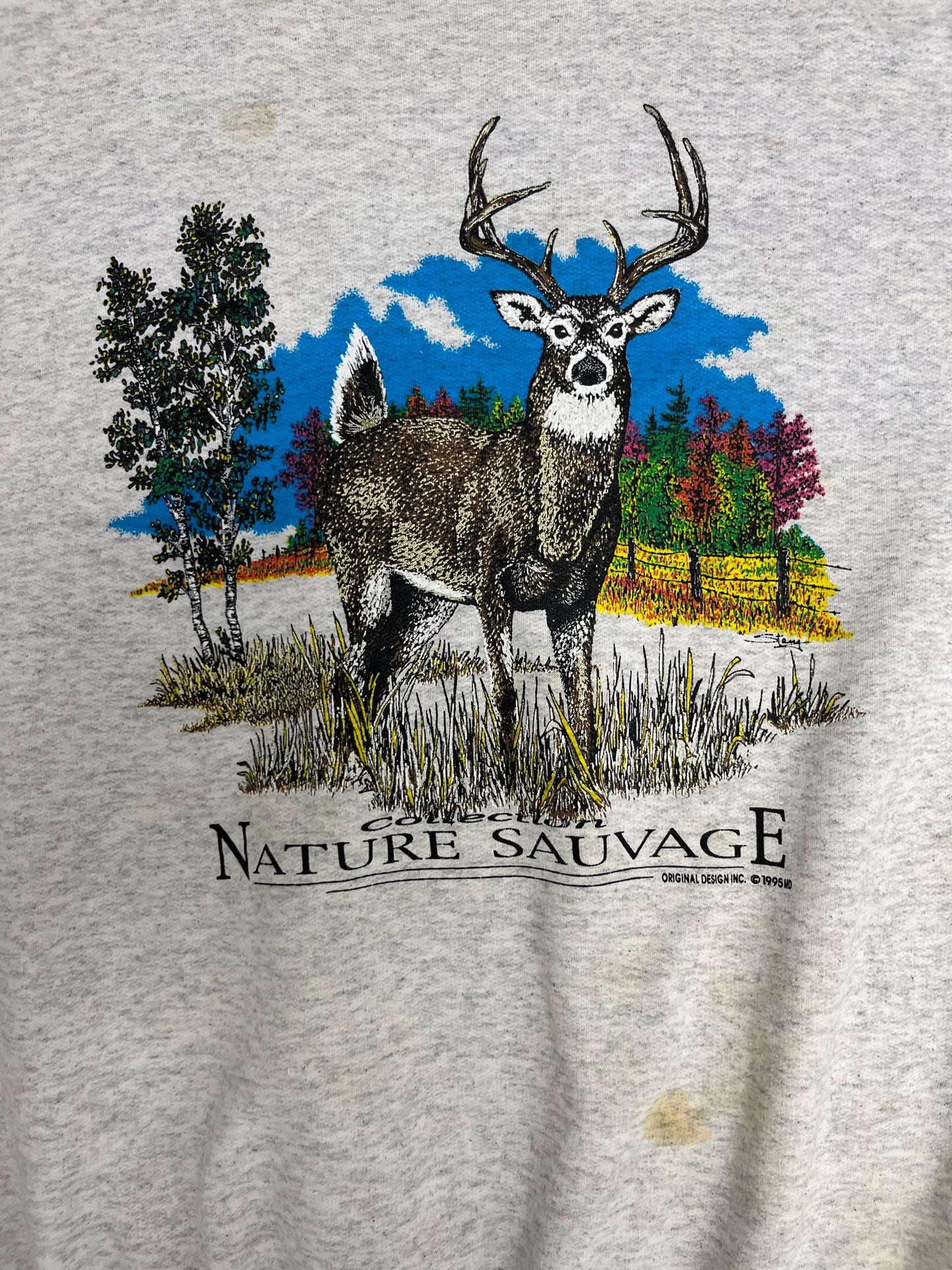 Deer Nature Sauvage Graphic Crewneck | Size Large | Vintage 1990s Animal Grey Sweater |