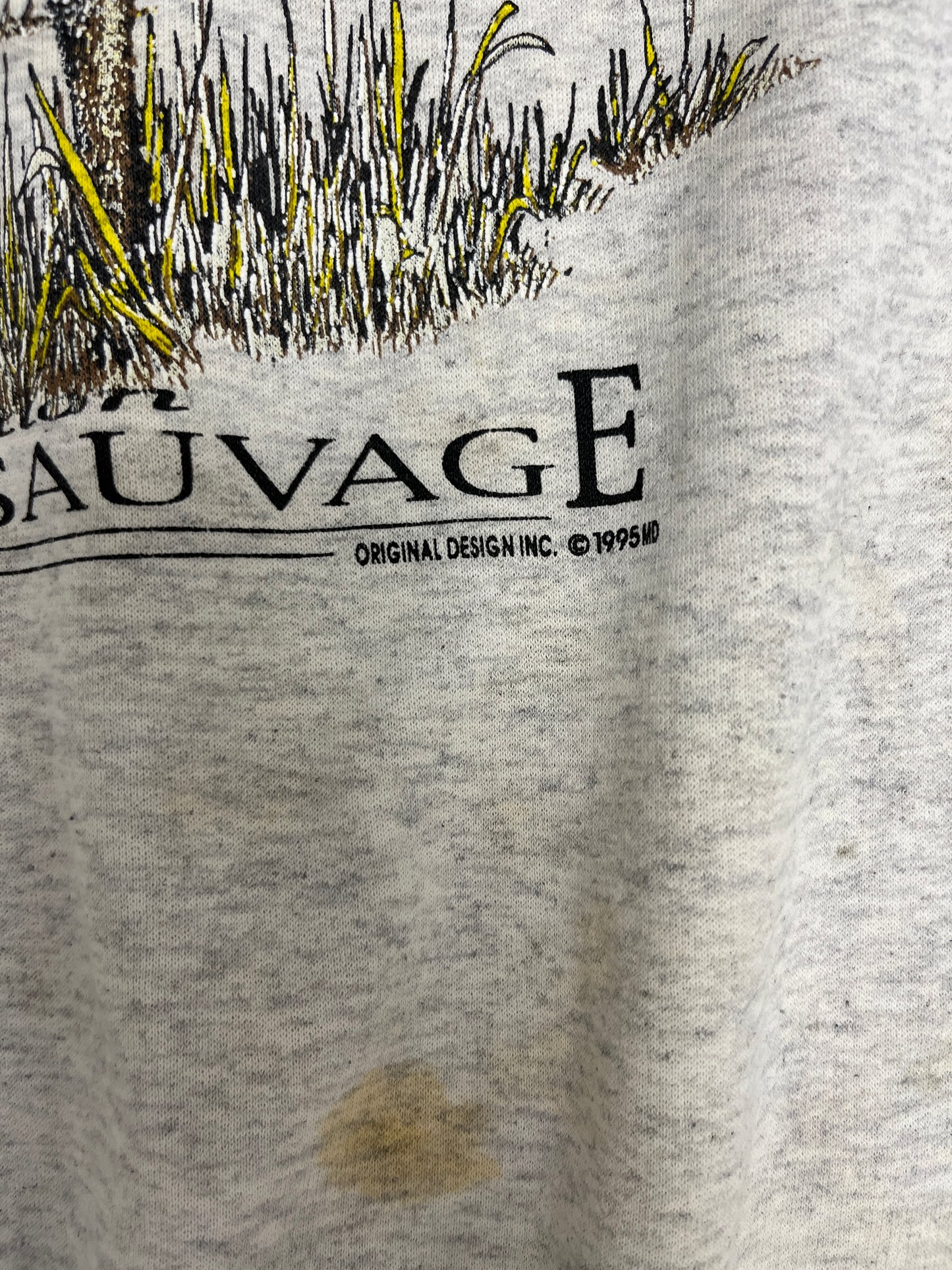 Deer Nature Sauvage Graphic Crewneck | Size Large | Vintage 1990s Animal Grey Sweater |