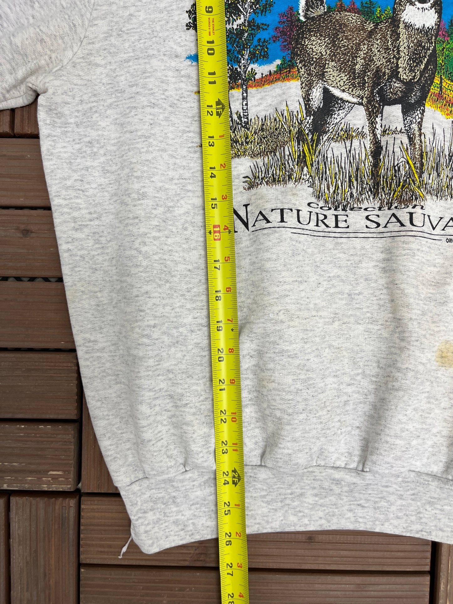 Deer Nature Sauvage Graphic Crewneck | Size Large | Vintage 1990s Animal Grey Sweater |