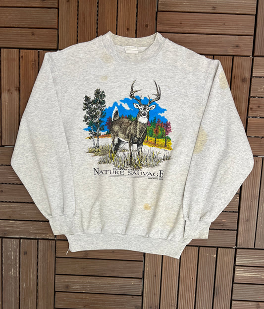 Deer Nature Sauvage Graphic Crewneck | Size Large | Vintage 1990s Animal Grey Sweater |