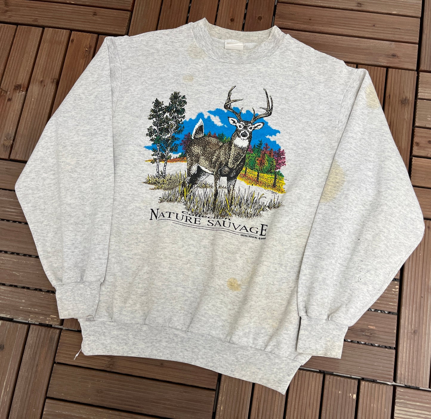 Deer Nature Sauvage Graphic Crewneck | Size Large | Vintage 1990s Animal Grey Sweater |