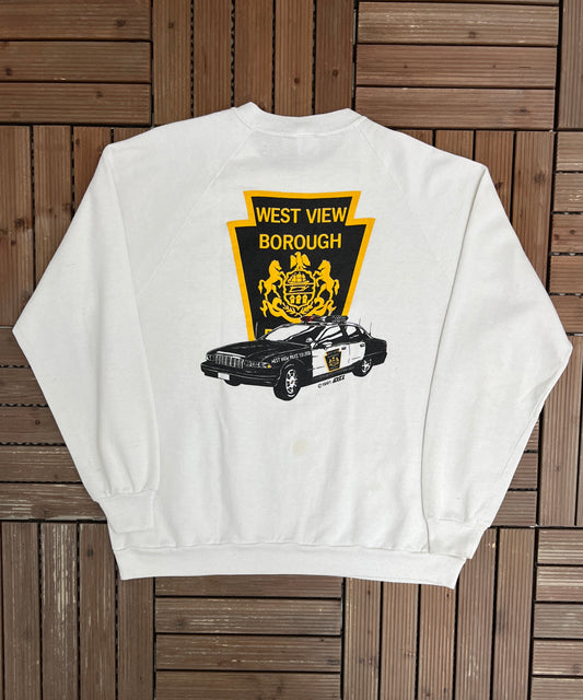 West View Borough Police Graphic Crewneck | Size XX-Large | Vintage 1990s Promotional White Sweater |