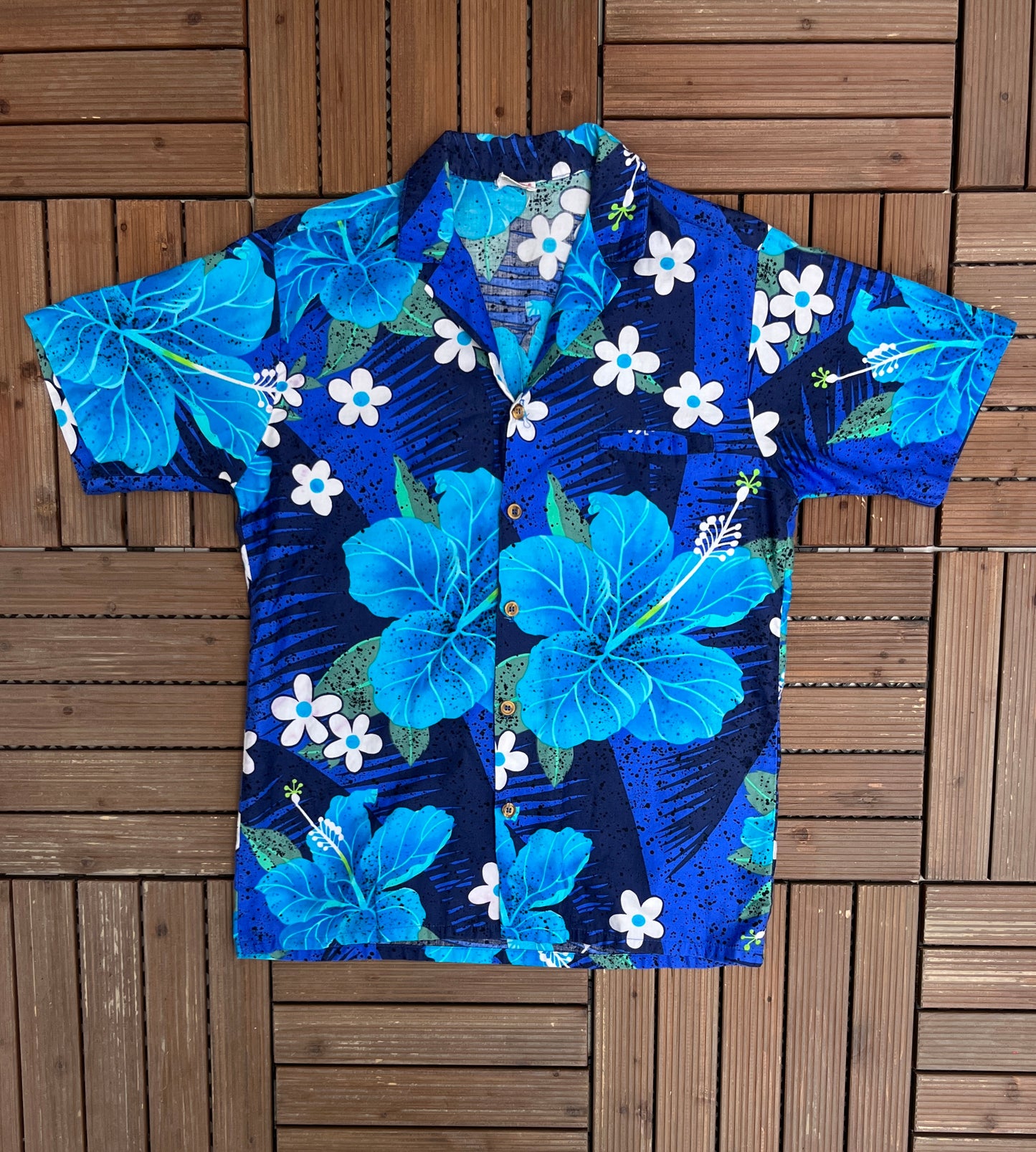 Barefoot In Paradise Hawaiian Shirt | Size Medium | Vintage 1990s Blue Made in USA Shirt |