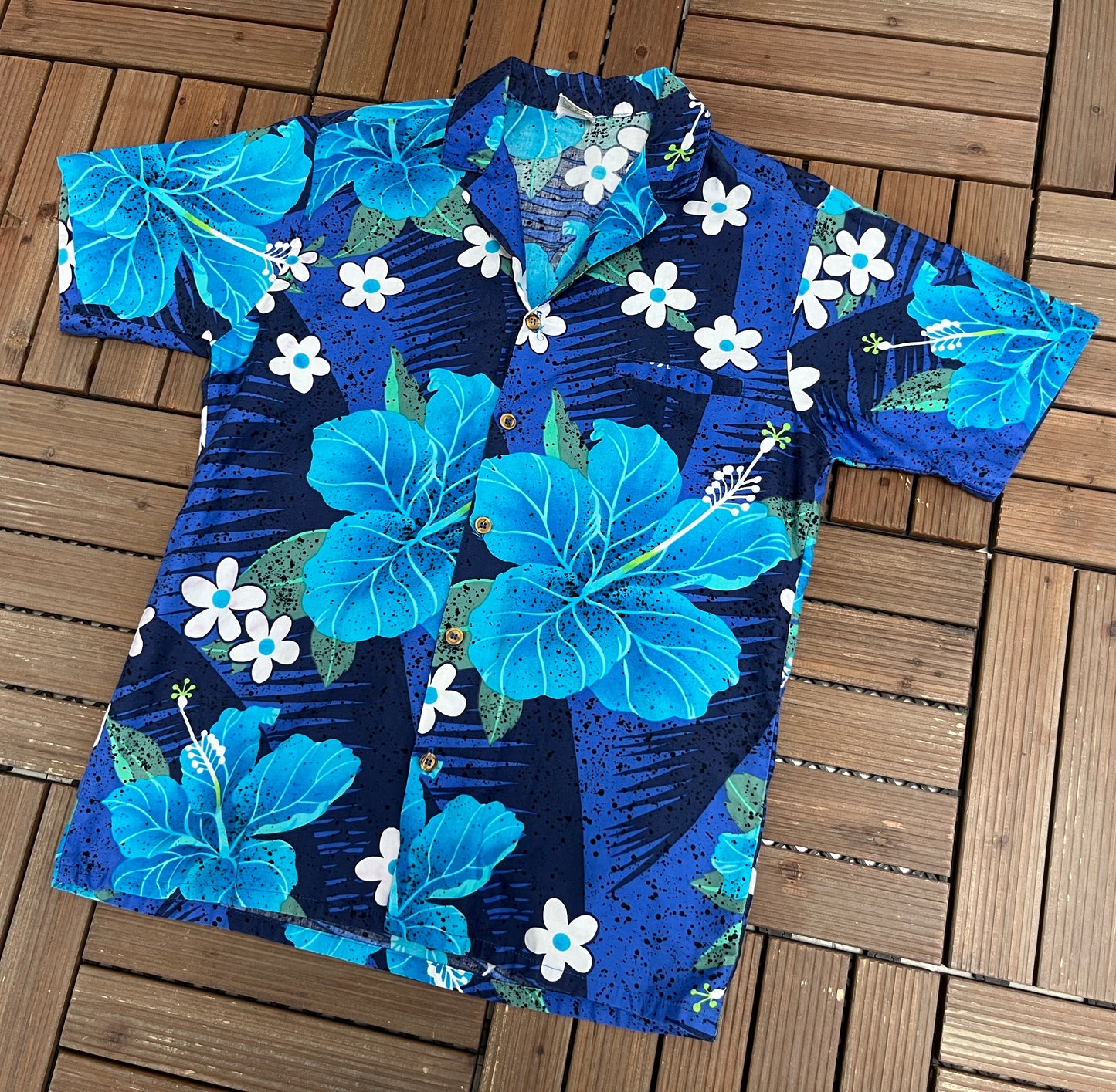 Barefoot In Paradise Hawaiian Shirt | Size Medium | Vintage 1990s Blue Made in USA Shirt |