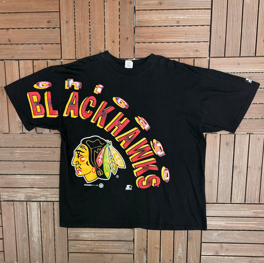 Chicago Blackhawks AOP Graphic Tee | Size X-Large | Vintage 1990s NHL Hockey Black T-Shirt |