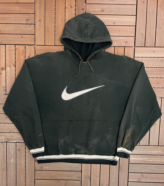 Nike Stitched Swoosh Graphic Hoodie | Size X-Large | Vintage 1990s Black Branded Swoosh Sweatshirt |